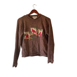 Vintage Brown Embroidered Cardinal Bird Knit Sweater Medium‎